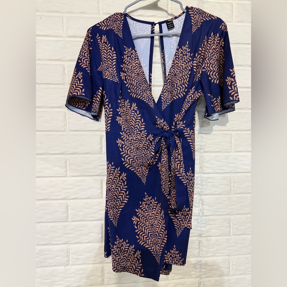 Navy and Pink Leaf Print Wrap Dress